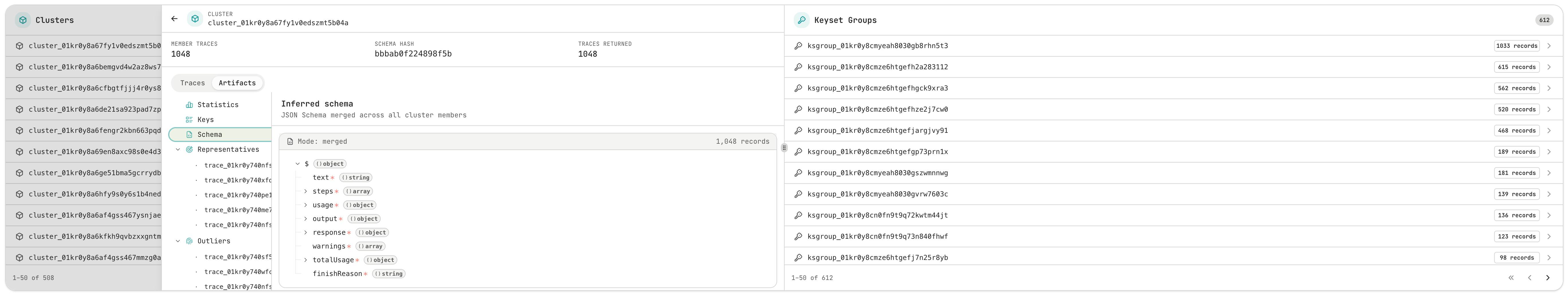 Partitions view showing clusters, schema, and keyset groups